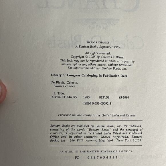 The Swan's Chance by Celeste De Blasis (1985, Hardcover) - Picture 10 of 10